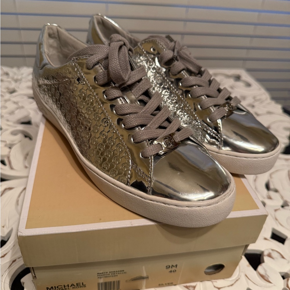 Michael Kors Silver Metallic Sneakers with MK Signature Print Size 9 NIB